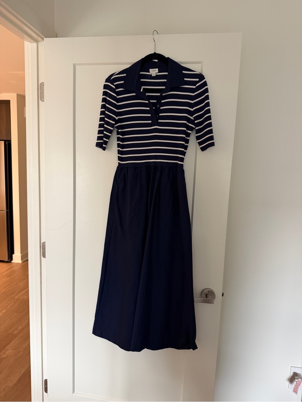 J. Crew Navy and White Striped Polo Midi Dress with Solid Skirt